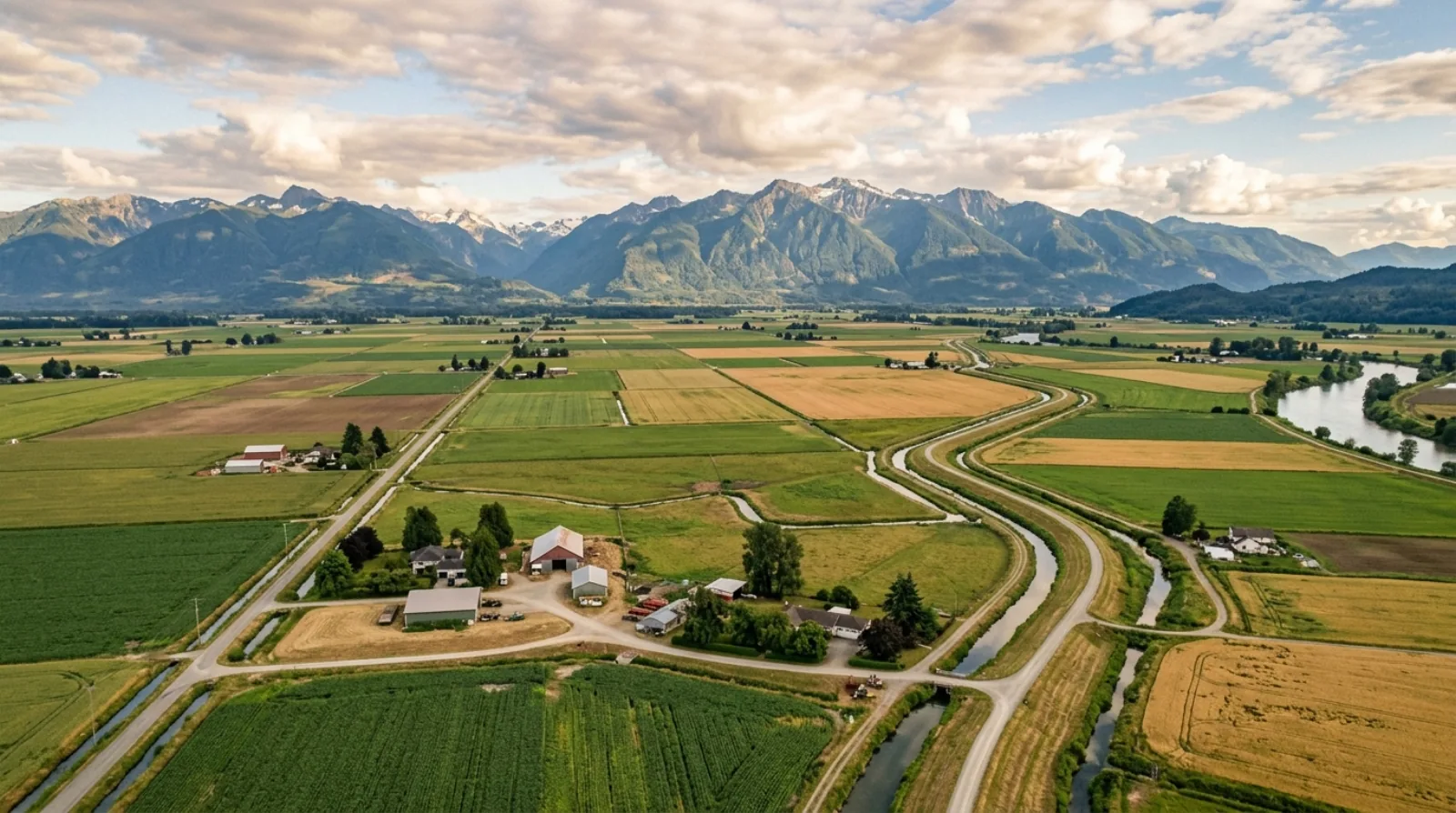 Aerial view of the Sumas Prairie agricultural floodplain in Abbotsford, flat farm fields divided by drainage canals and a raised flood-protection dike, with distant mountains.