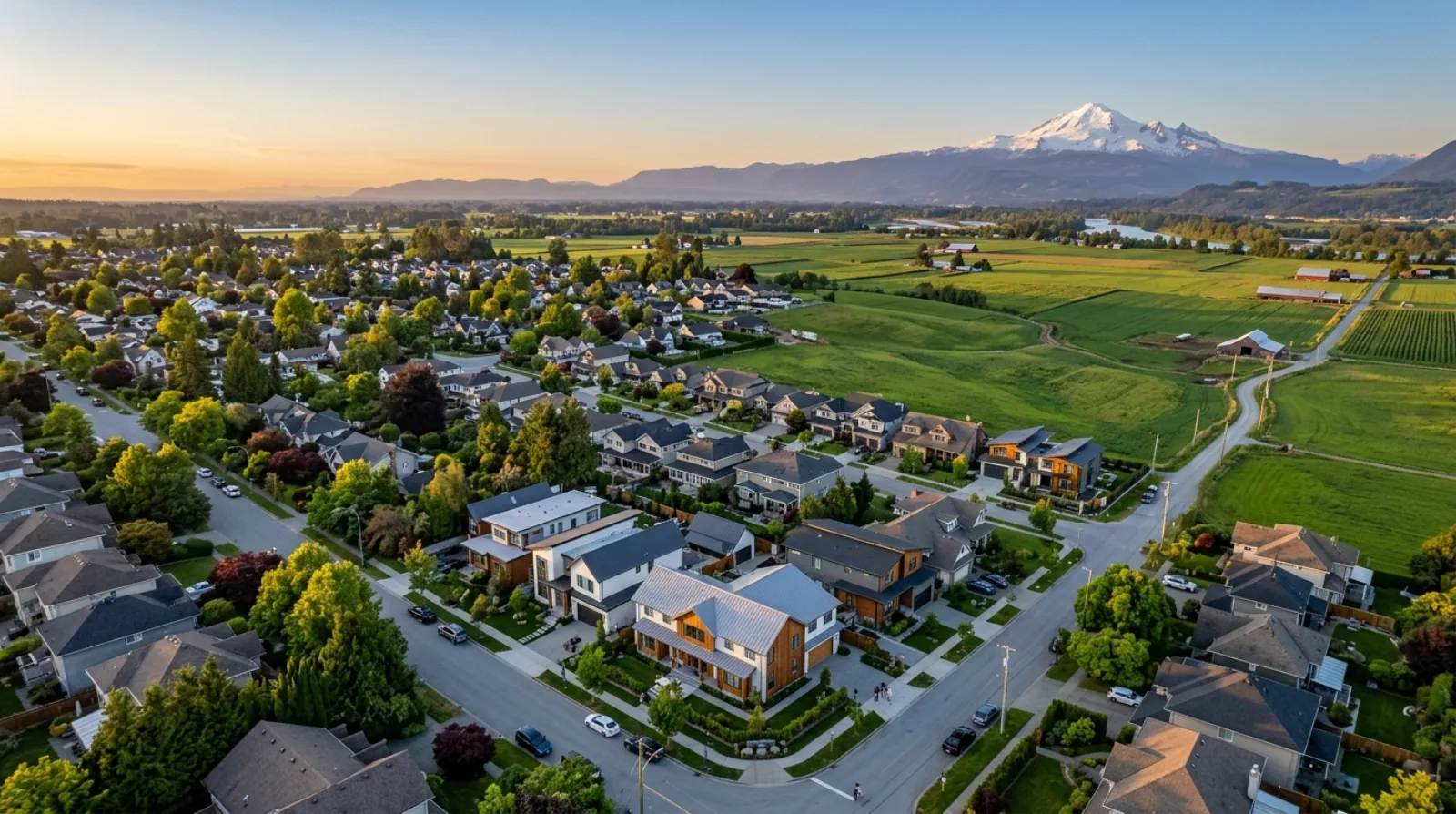Aerial view of an Abbotsford residential area at golden hour, a mix of modern custom homes and established houses on generous lots, edged by Fraser Valley farmland with Mount Baker on the horizon.