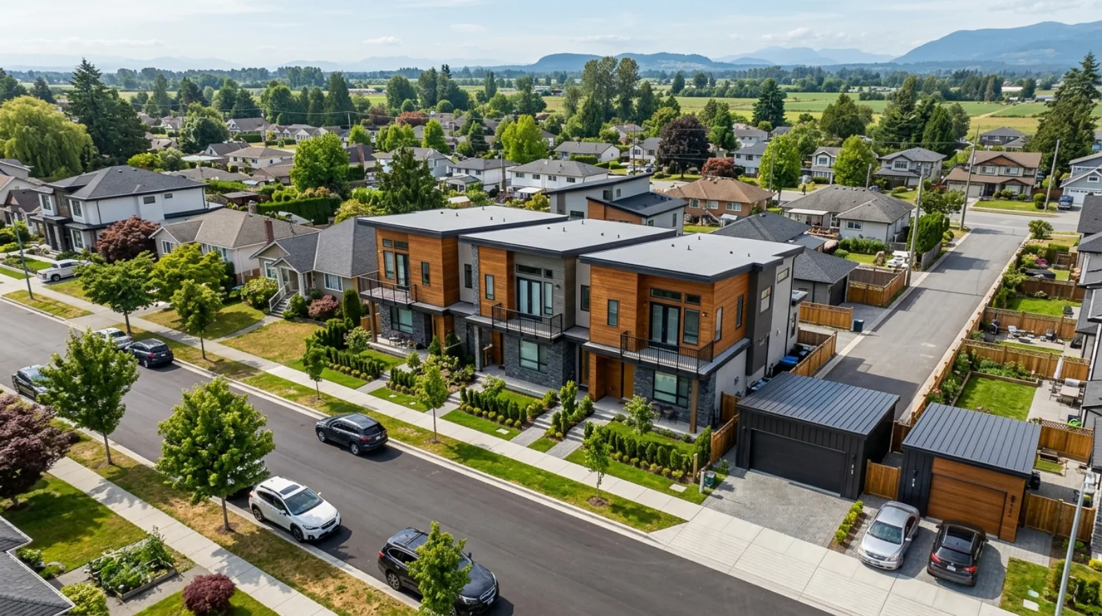 Aerial view of three newly completed modern fee-simple rowhomes in West Abbotsford reading as one cohesive structure with private rear yards, on a flat Fraser Valley street.