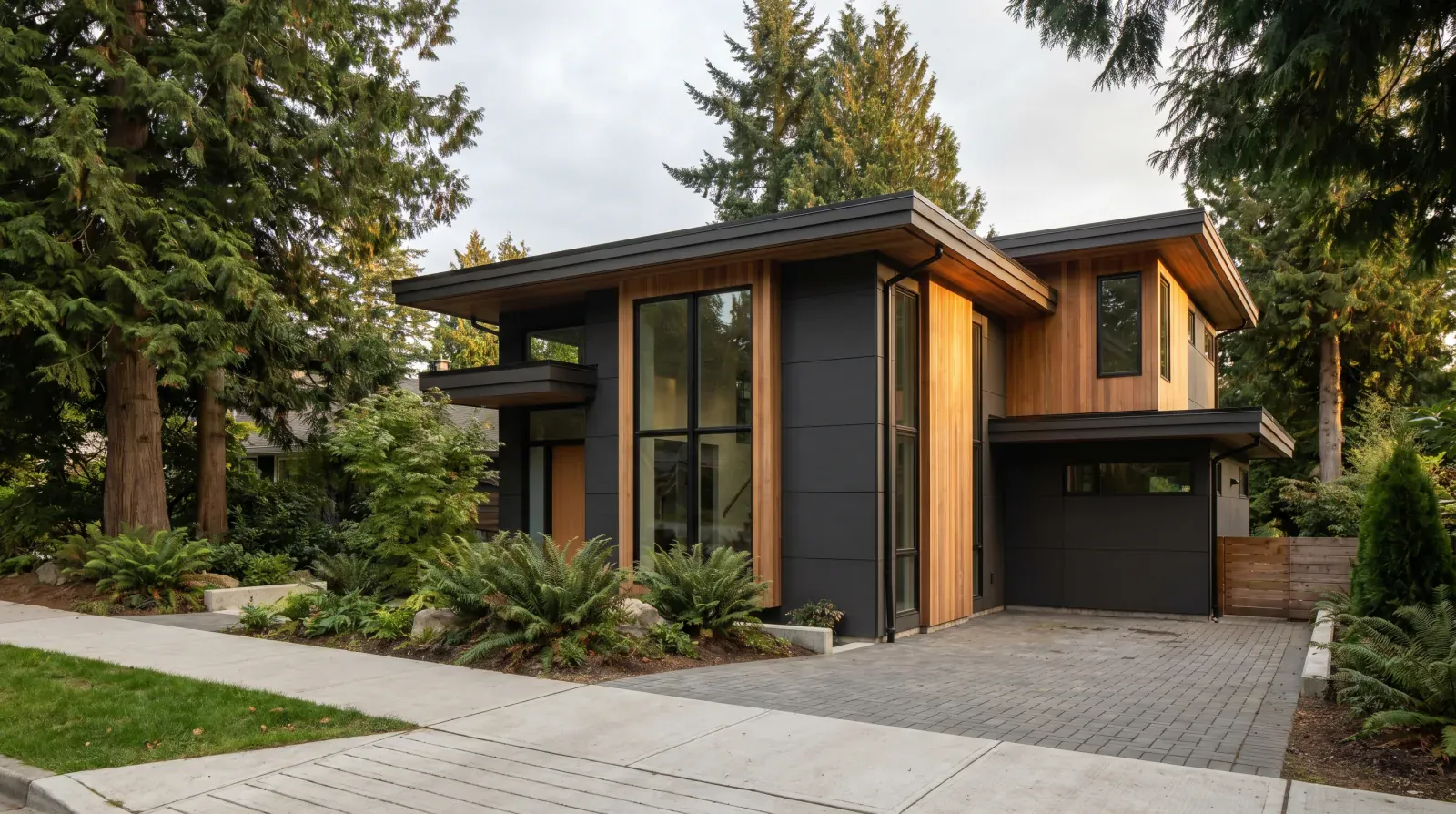 A west-coast modernist custom infill home on a Burnaby R1 lot, cedar and dark fibre-cement panels, mature evergreens framing the property.