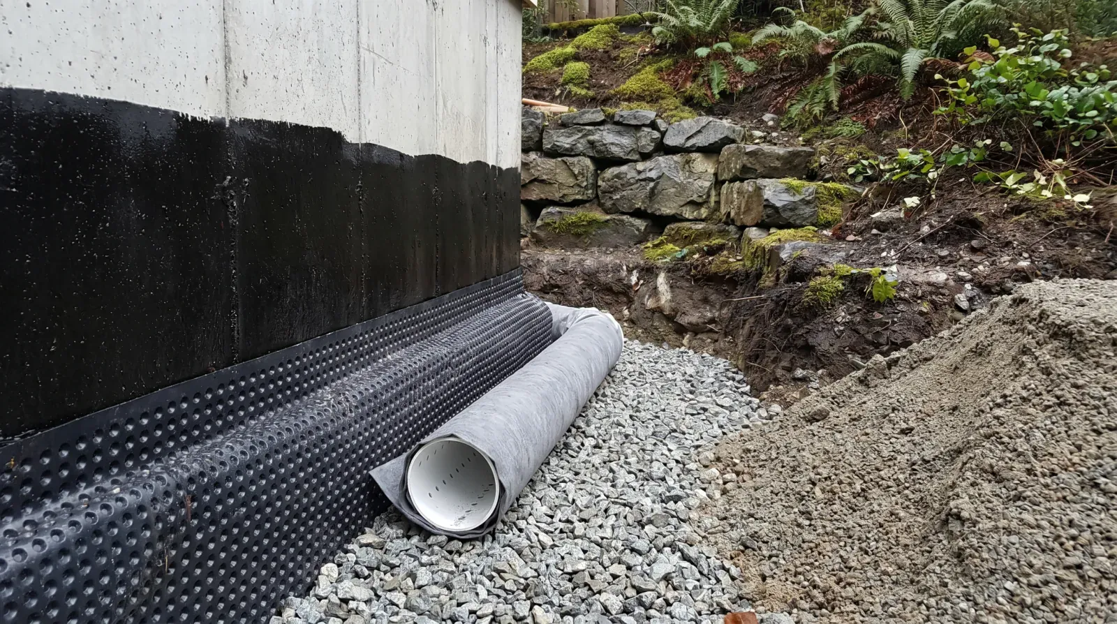A perimeter foundation drainage assembly on a Burnaby slope lot, black bituminous waterproofing on poured concrete, dimpled drainage board, perforated PVC drain tile wrapped in filter fabric on clean 19mm drain rock, with a natural stone retaining wall stepping up the slope behind.