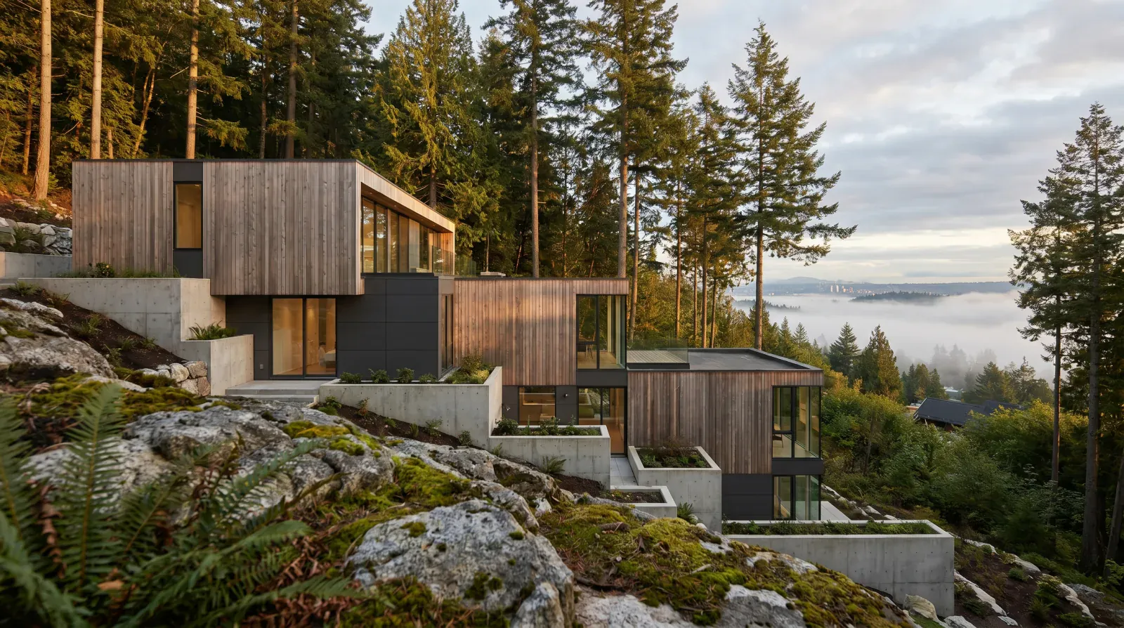 A contemporary west-coast custom home terraced down a steep Burnaby hillside, vertical cedar siding and dark fibre-cement panels, mature Douglas-firs framing the property, distant view of Burrard Inlet.