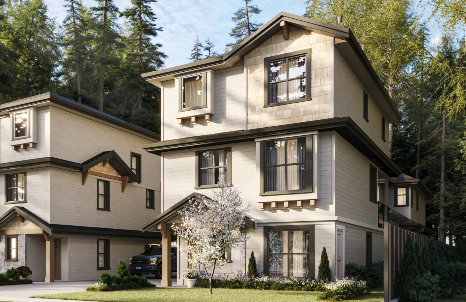 Daylight exterior render of two of the four detached homes at 7609 Coldicutt in Burnaby, showing shingle and lap siding, timber bracket gables and a covered carport, set against mature evergreens