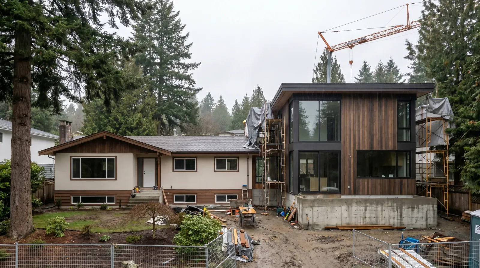 A single-storey home with a wood-clad two-storey addition under construction beside it, scaffolding, a poured concrete foundation and a tower crane above the roofline