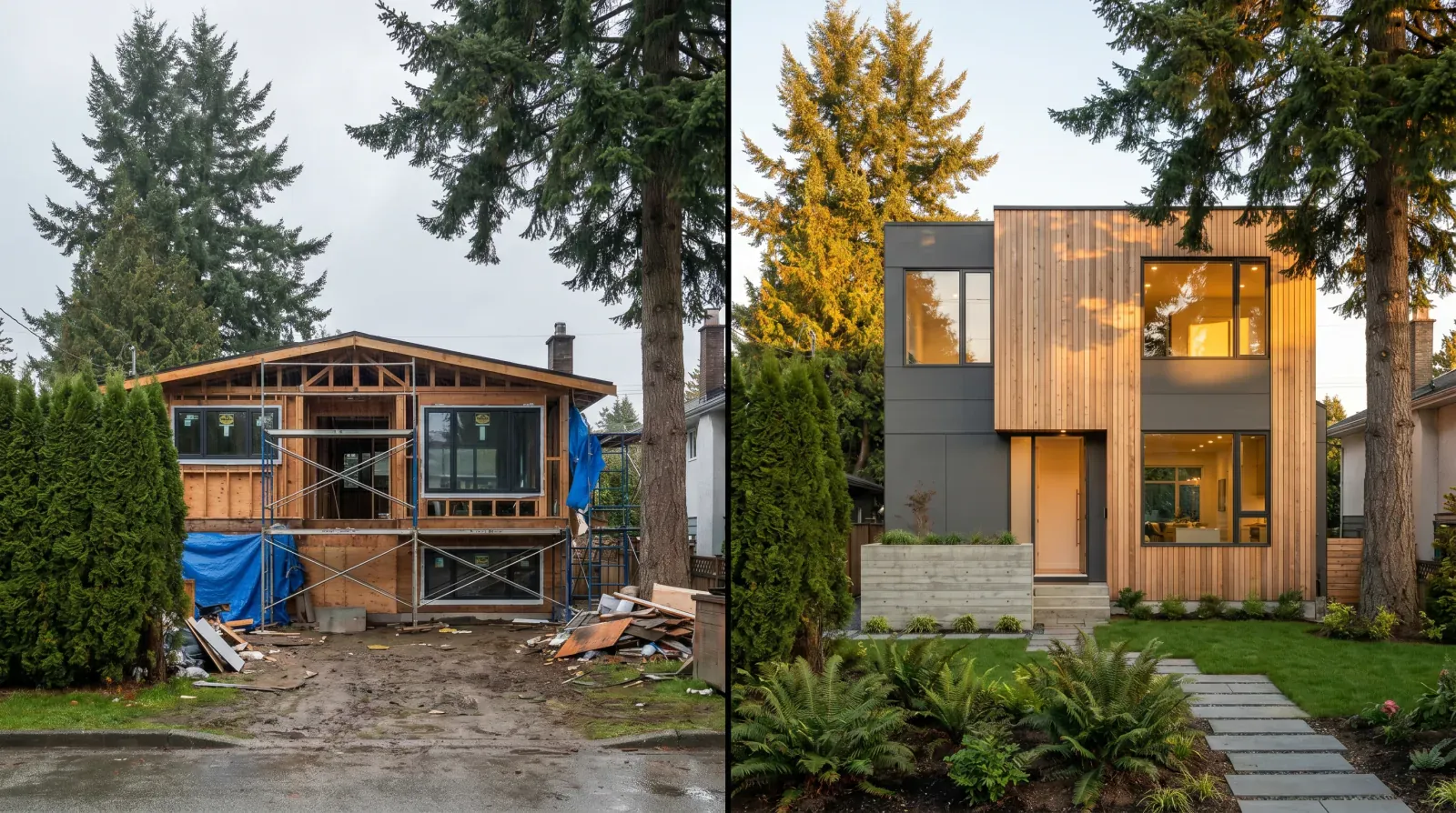 Split-frame comparison of a 1960s Burnaby West Coast bungalow mid-renovation on the left and a contemporary rebuild of the same lot on the right, cedar siding and dark fibre-cement panels, mature Douglas-firs framing both.