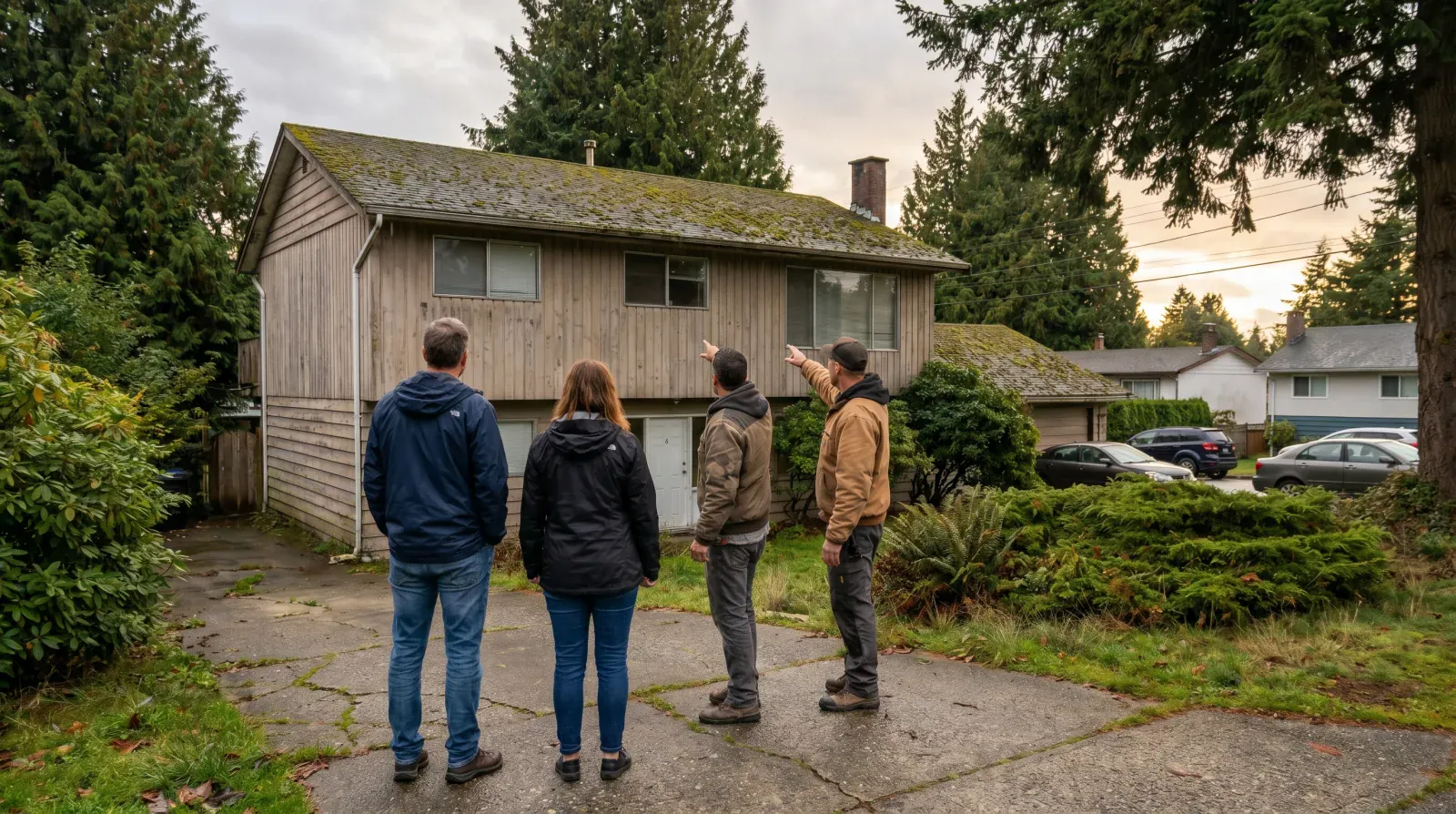 A Burnaby homeowner couple standing on a cracked concrete driveway looking at an aging 1970s split-level teardown candidate with a builder pointing at the roof line, mature Douglas-firs framing the lot, damp Pacific Northwest dusk.