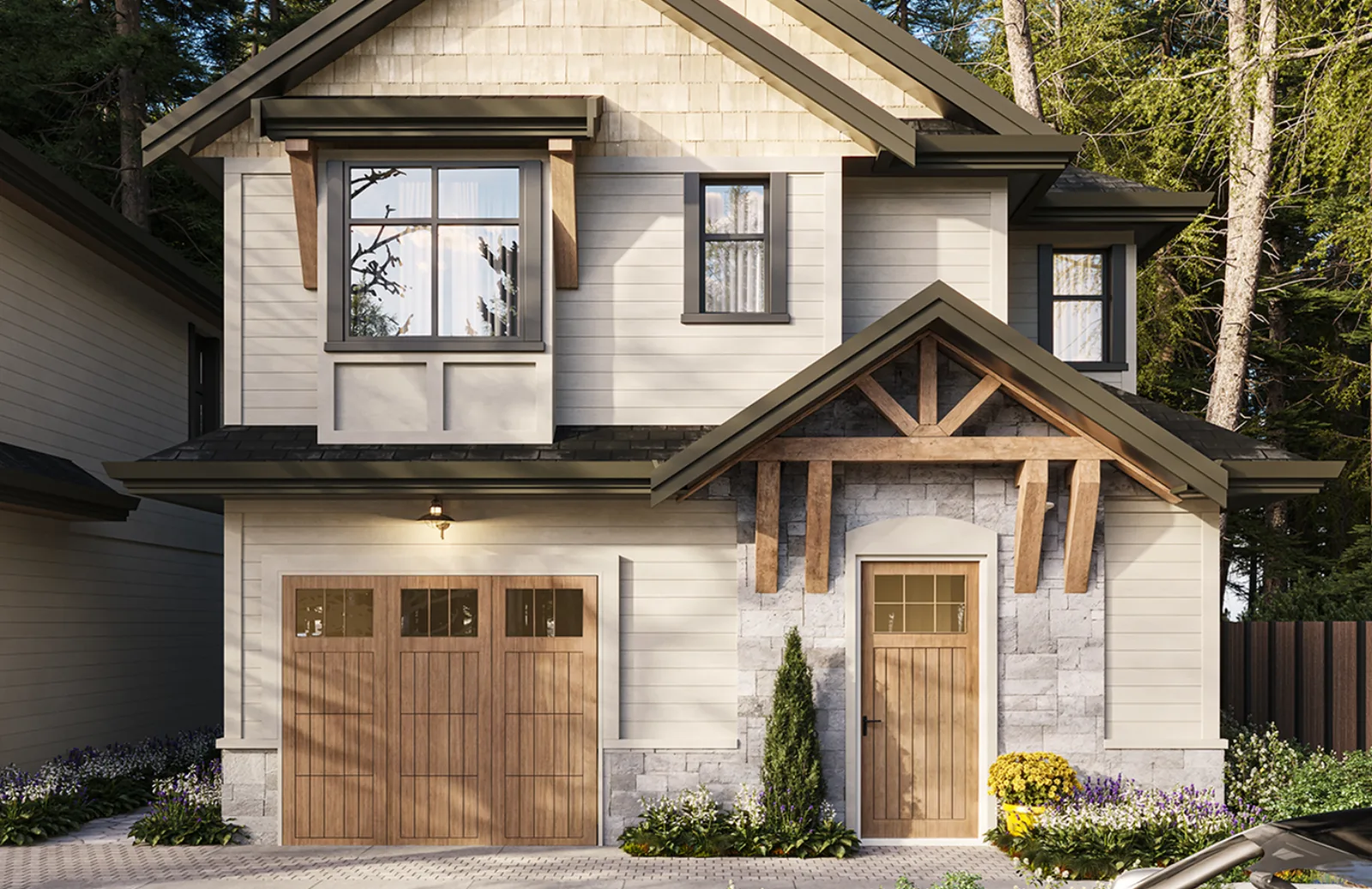Front exterior render of 7609 Coldicutt, a detached-strata multiplex home with a wood garage door, stone base and timber-bracket entry