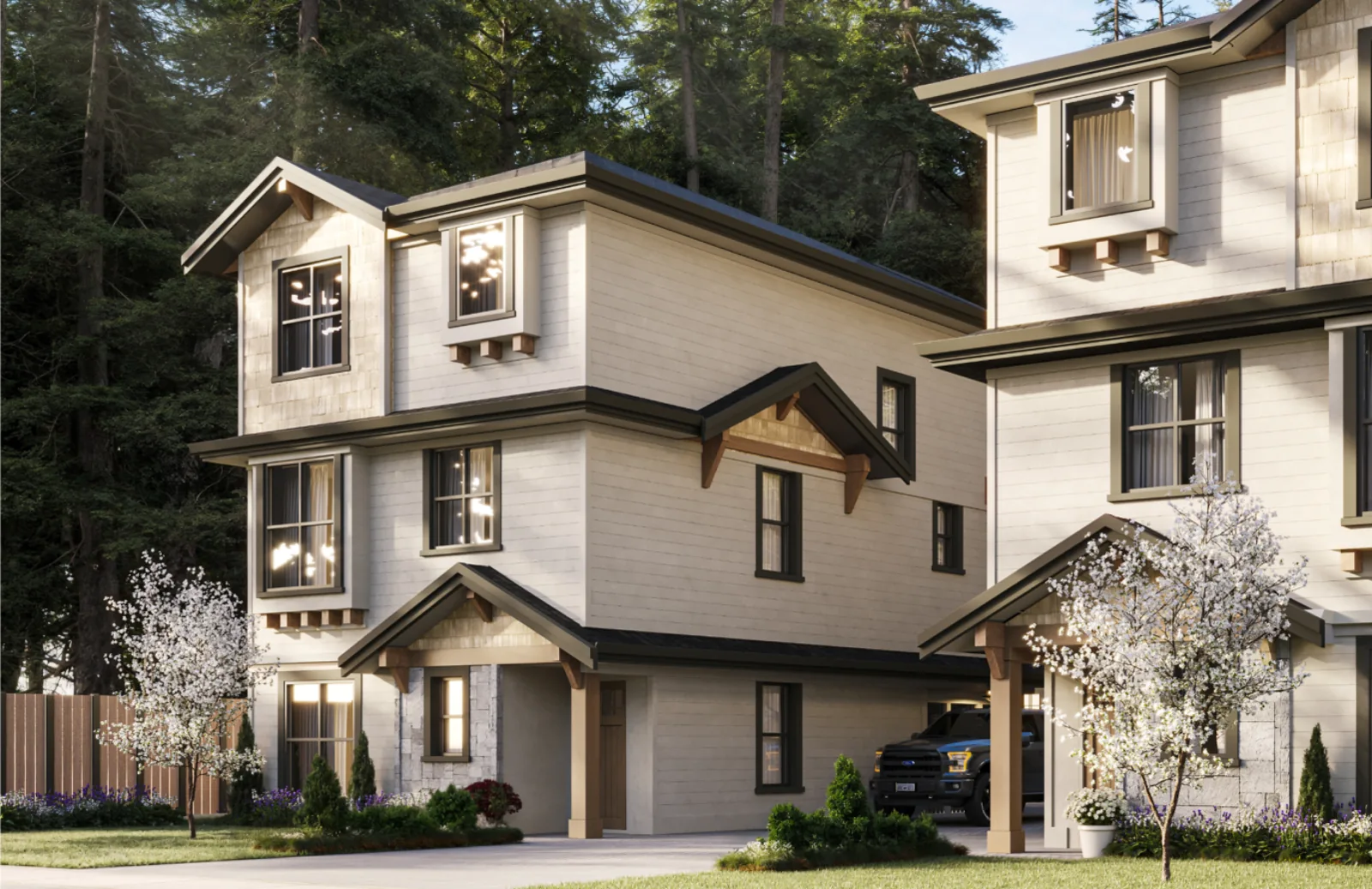 Dusk exterior render of a 7609 Coldicutt home, lit entry and driveway in the evening