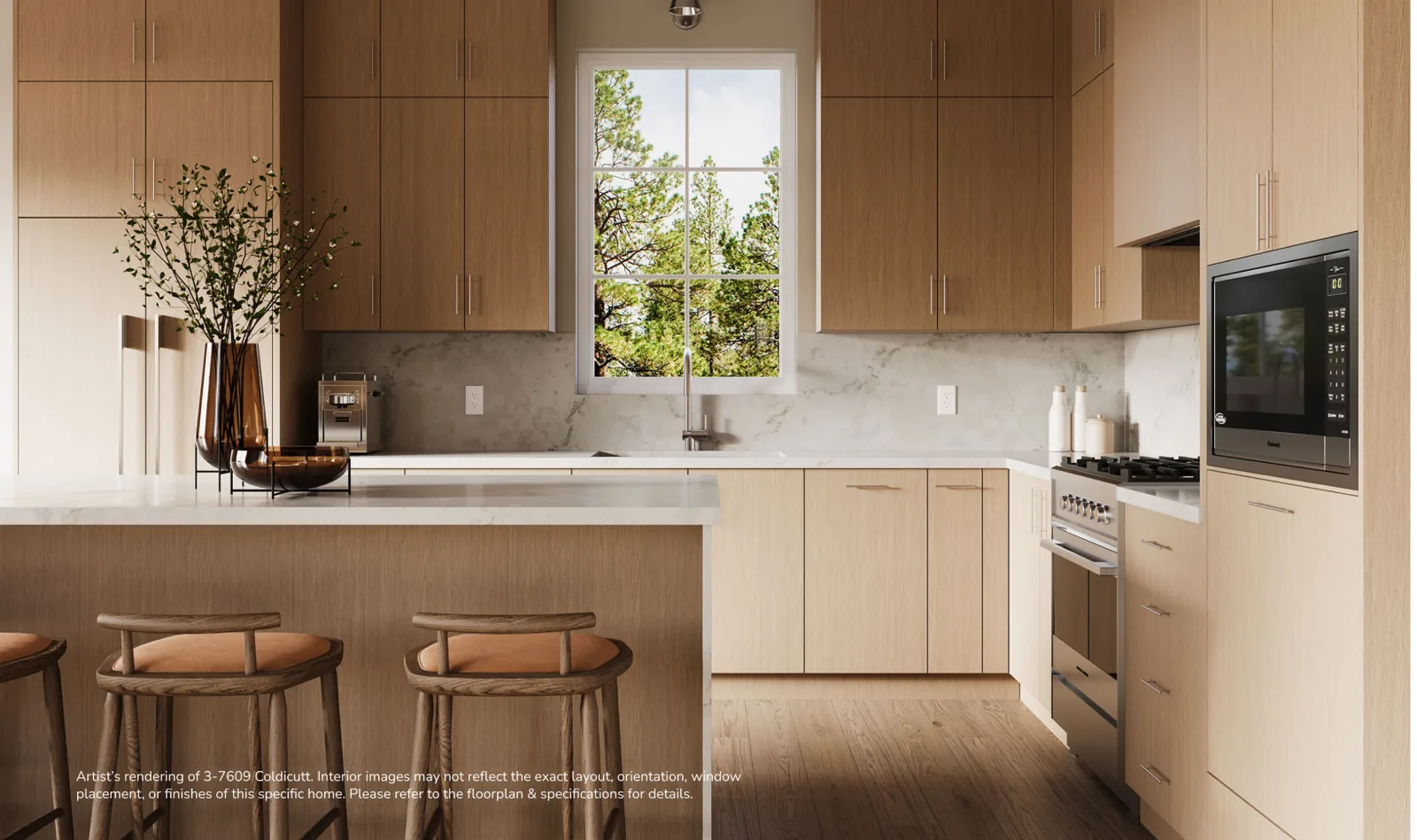 Kitchen render at 7609 Coldicutt, West Coast millwork, quartz island with seating and a Fisher & Paykel suite