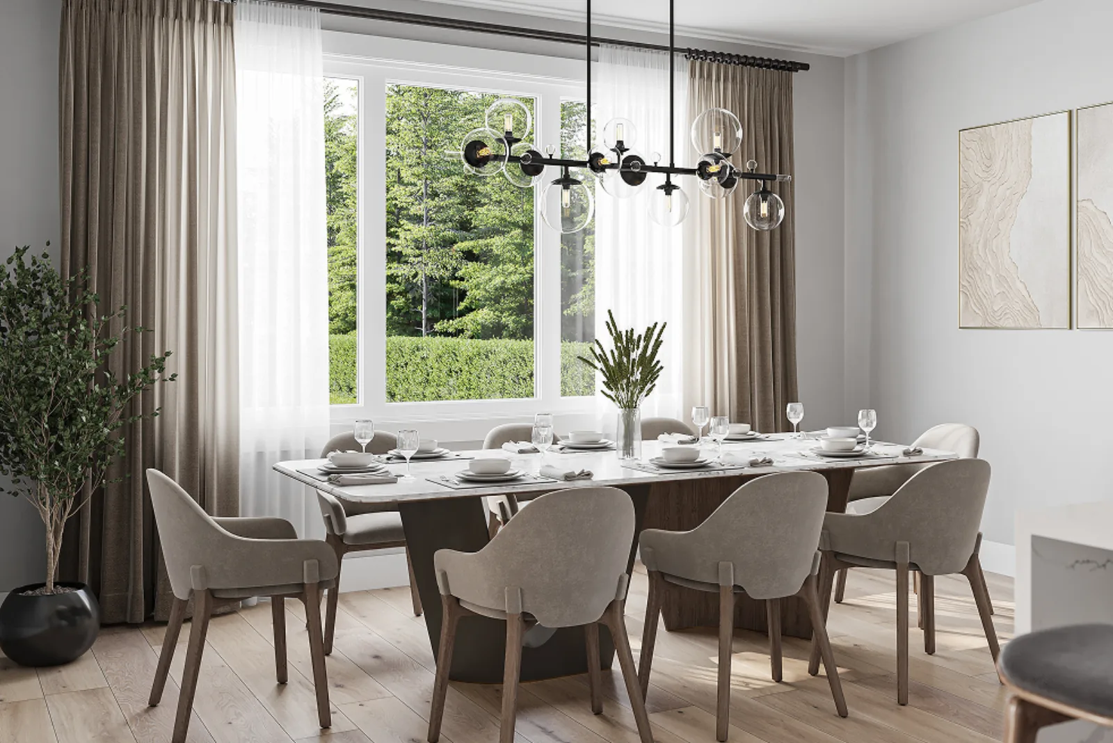 Dining area render at 7609 Coldicutt, framed by windows with a linear pendant over the table
