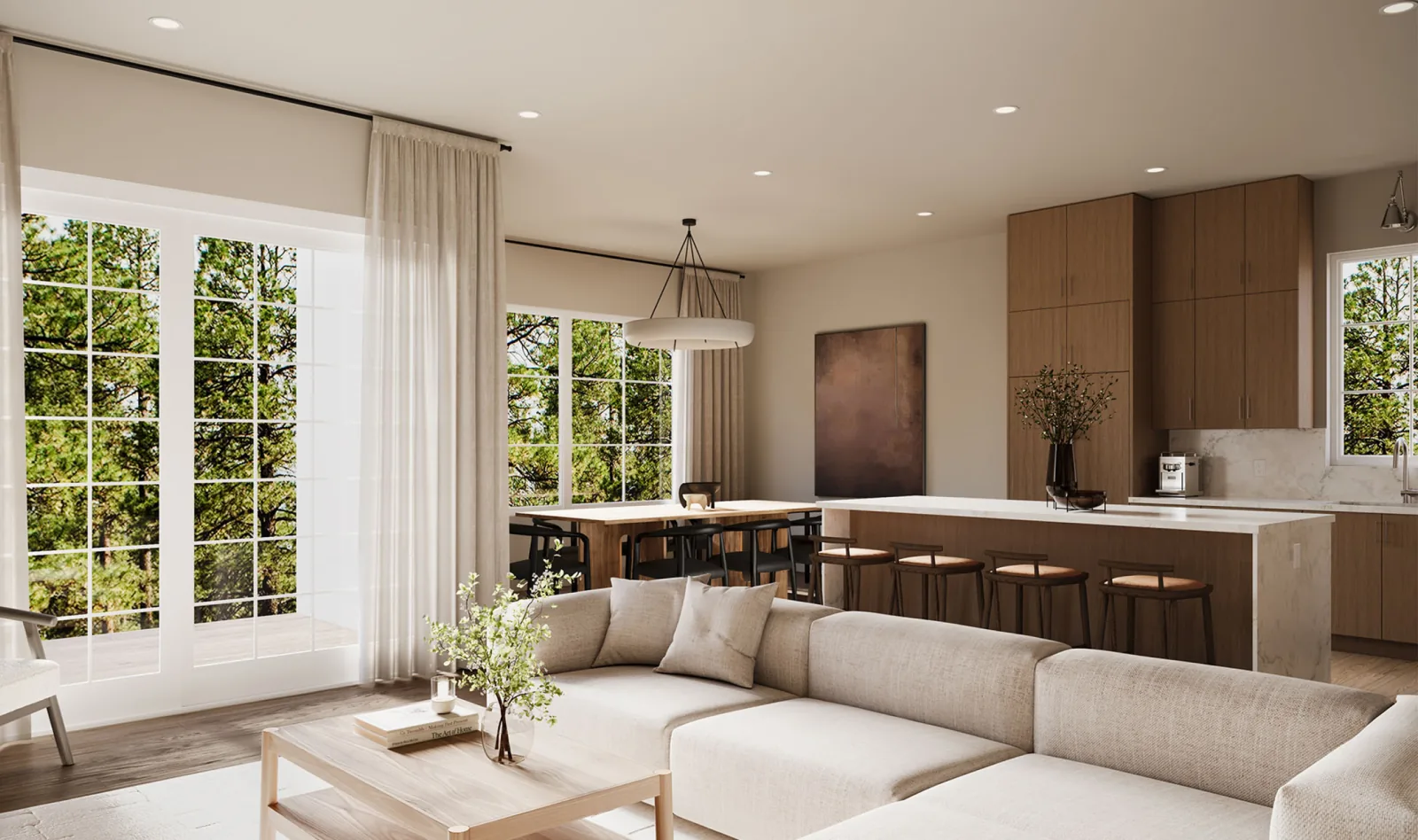 Great room render at 7609 Coldicutt, sofa and full-height glazing opening to the kitchen and dining beyond