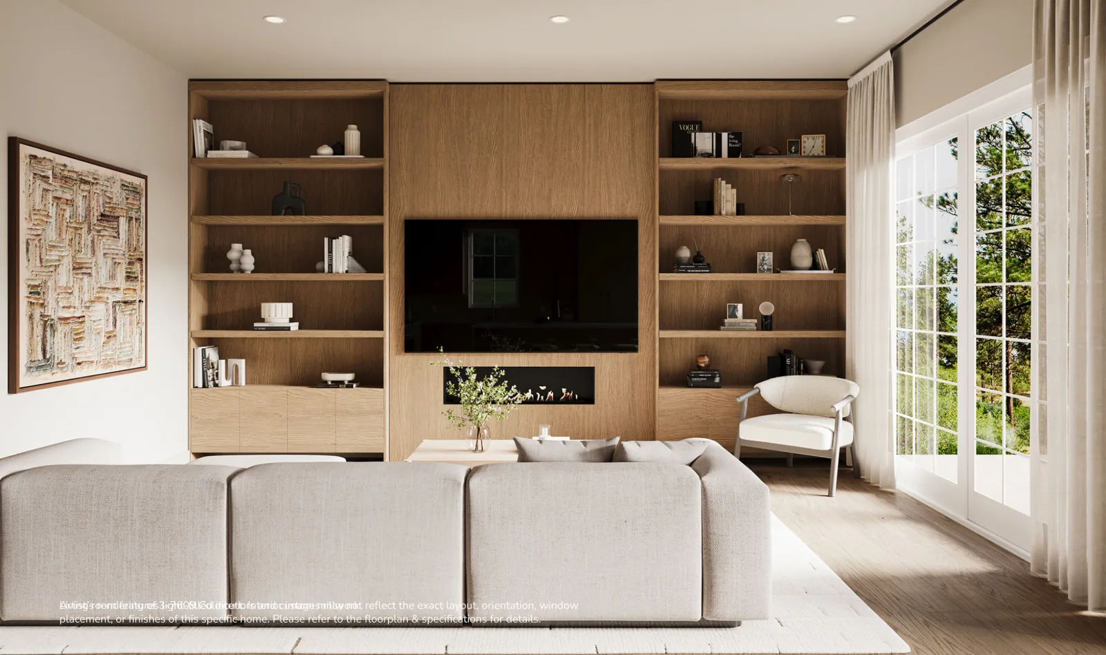 Living room render at 7609 Coldicutt with custom built-in shelving and a media wall