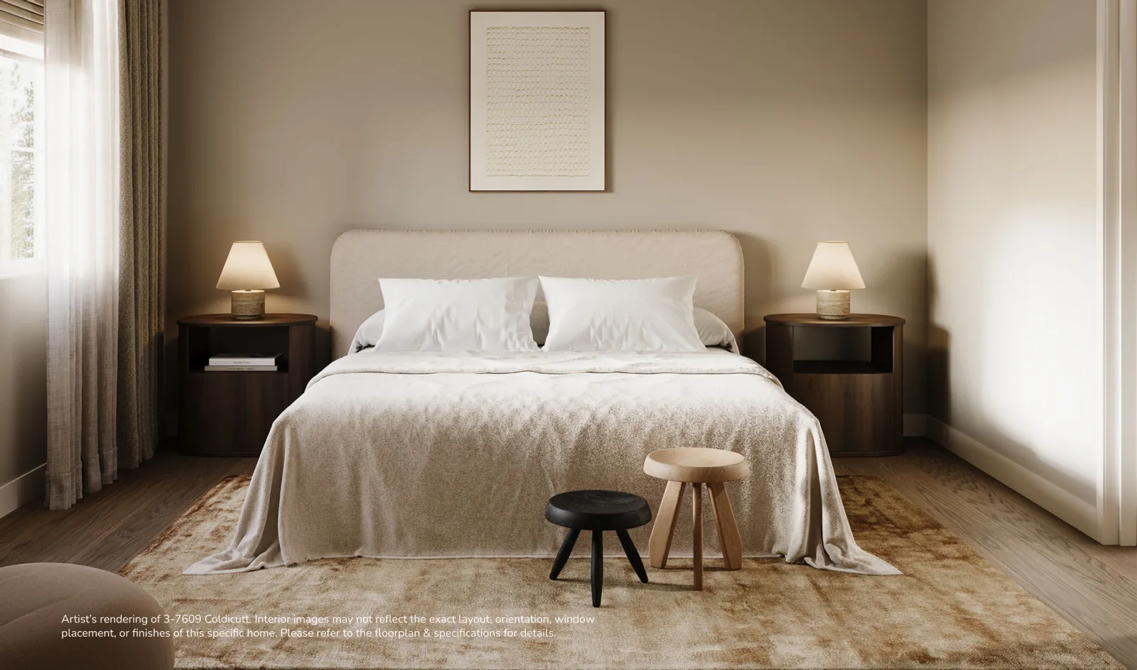 Primary bedroom render at 7609 Coldicutt, a calm, park-facing room with its ensuite a few steps away