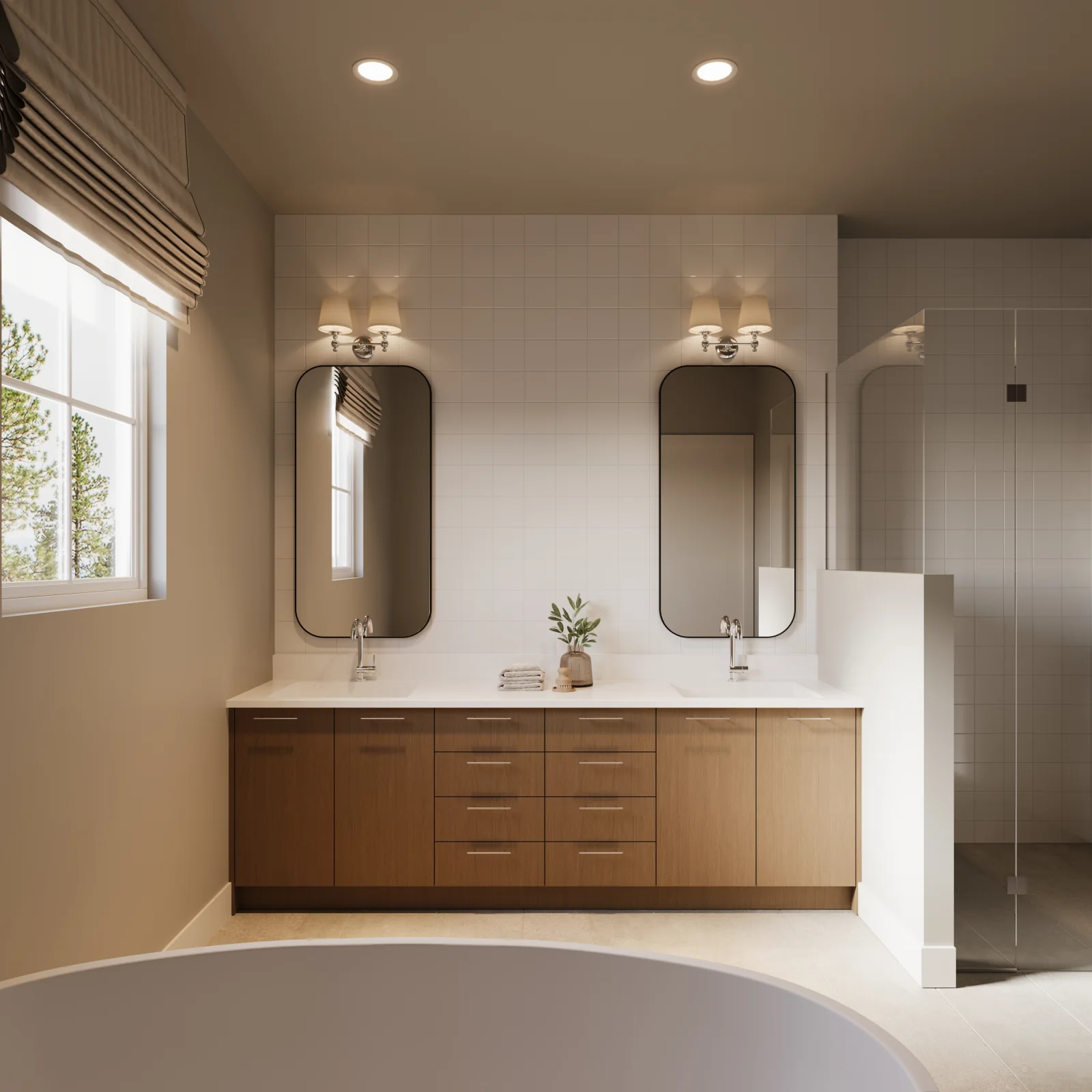 Primary ensuite render at 7609 Coldicutt, double floating vanity, large-format porcelain and frameless glass