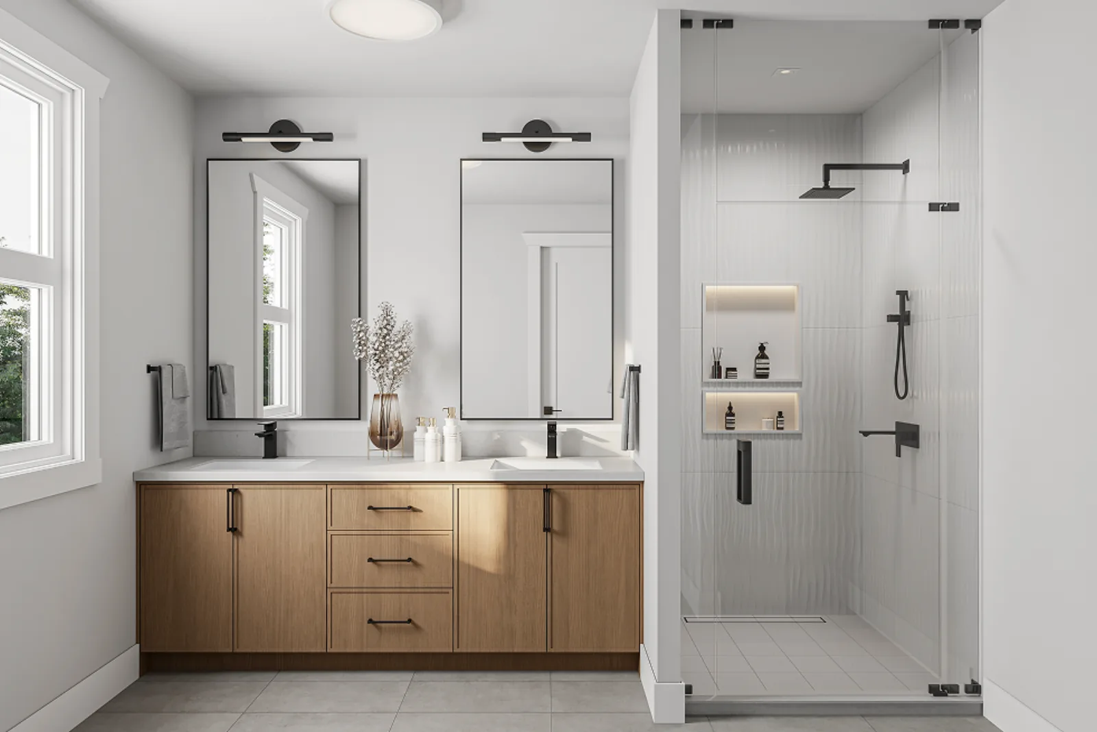 Second ensuite render at 7609 Coldicutt, floating vanity and a frameless walk-in shower