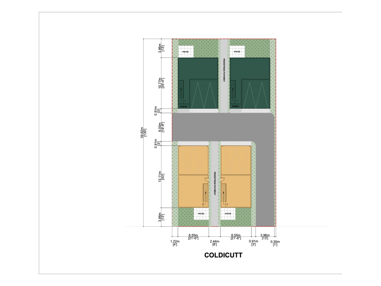 Site plan of 7609 Coldicutt showing four free-standing homes on one Burnaby lot