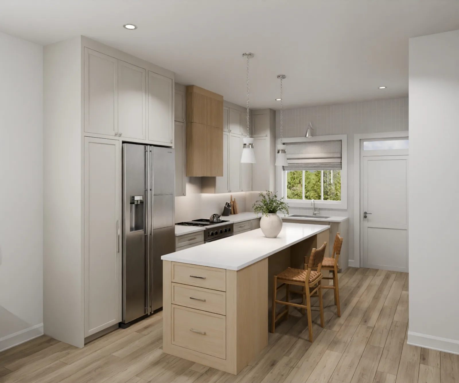 The kitchen is where the day begins, custom millwork, quartz and Bova Interiors' careful hand, built to a custom-home standard inside an Abbotsford rowhome.