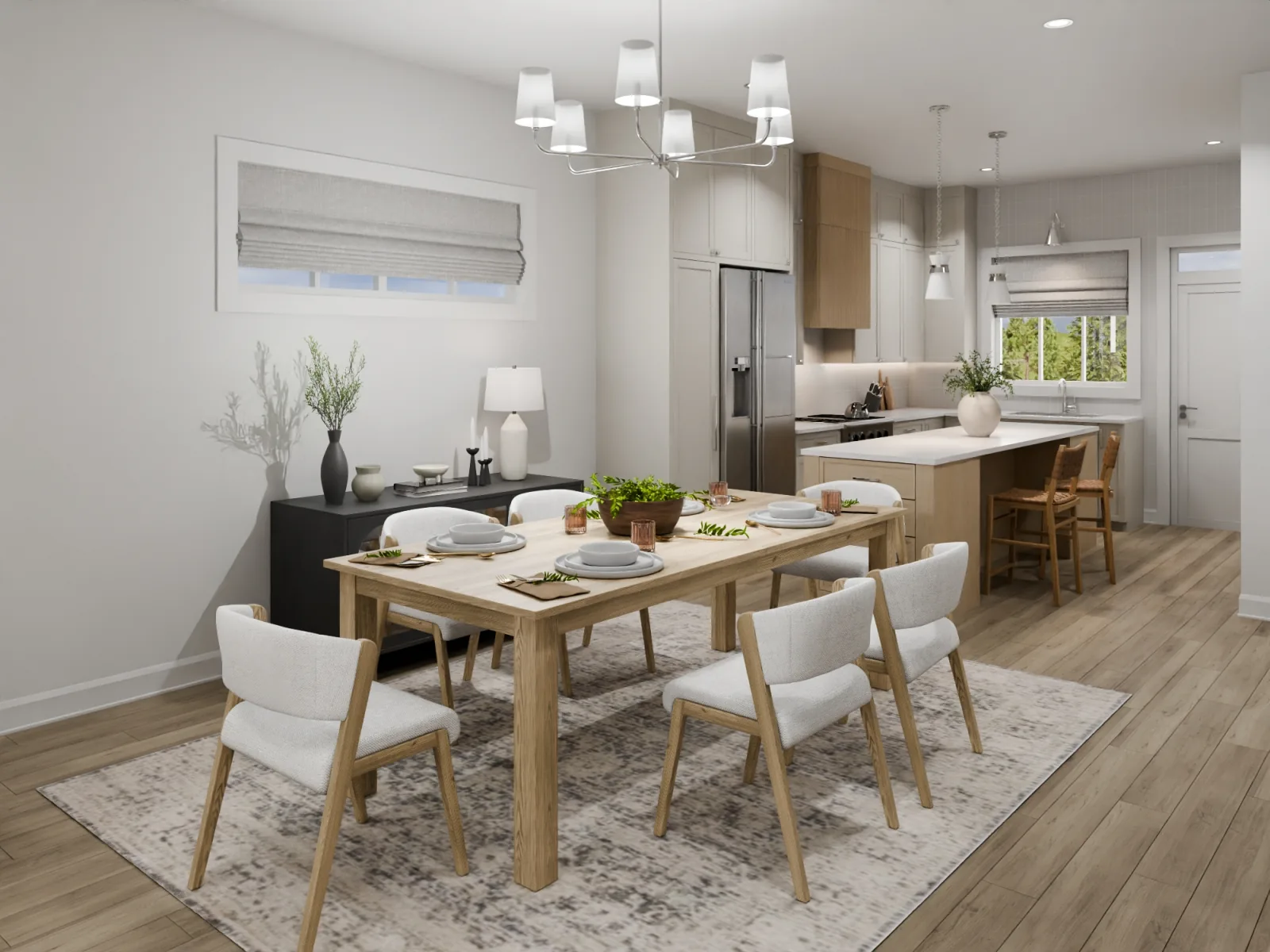 Dining sits in the warm middle of the main floor, close enough to the kitchen for easy weeknights, open enough for a table full of people.