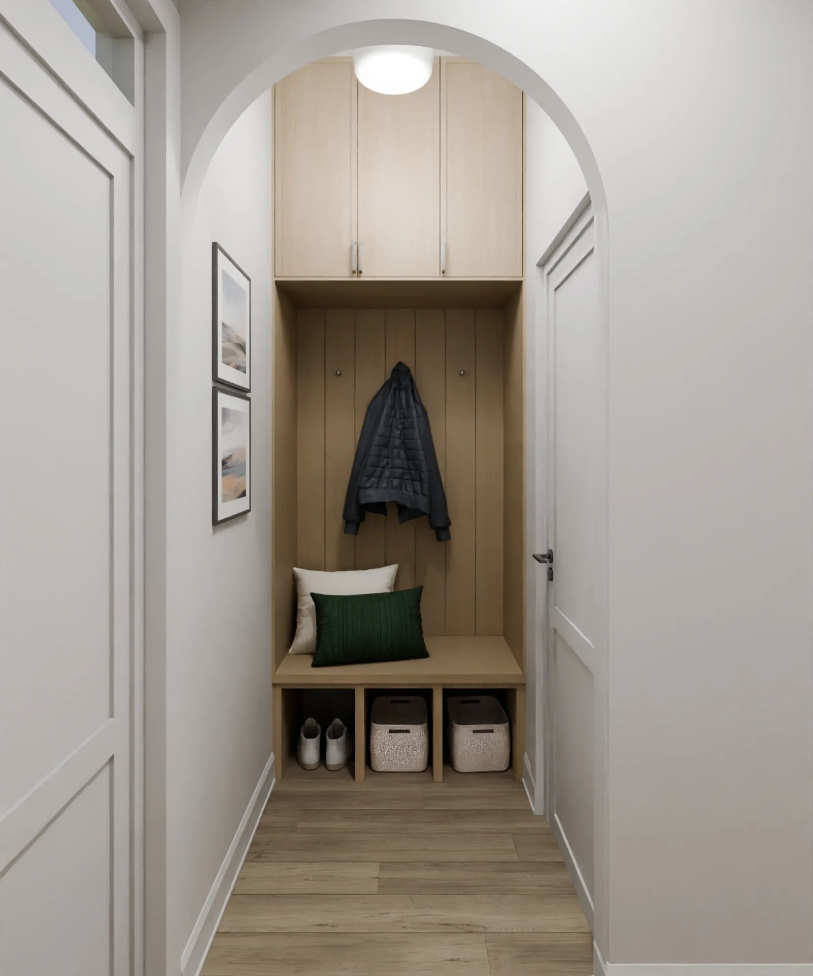 The entry welcomes before it impresses, custom millwork, soft light and the first breath of a home that's entirely your own.