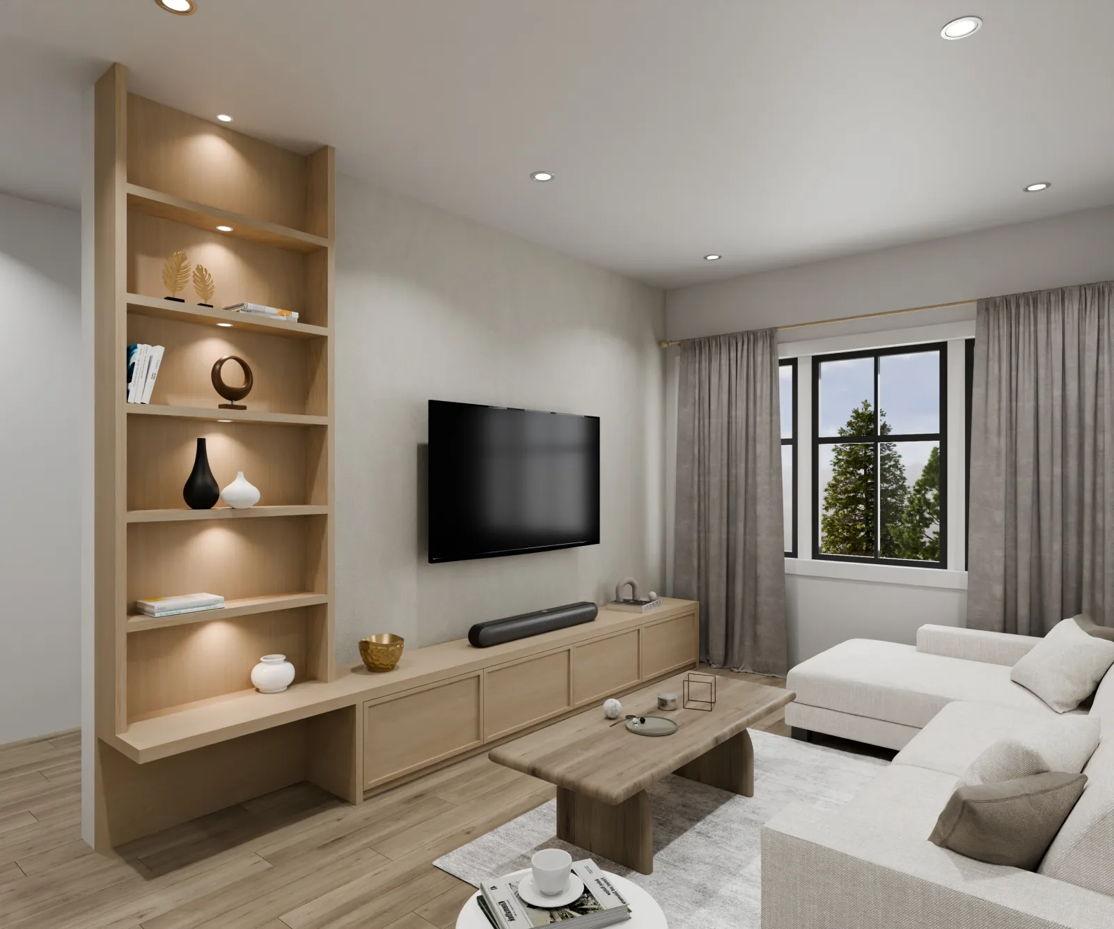 Another angle on the great room, engineered floors, clean millwork and the unhurried calm of West Coast modern done right.