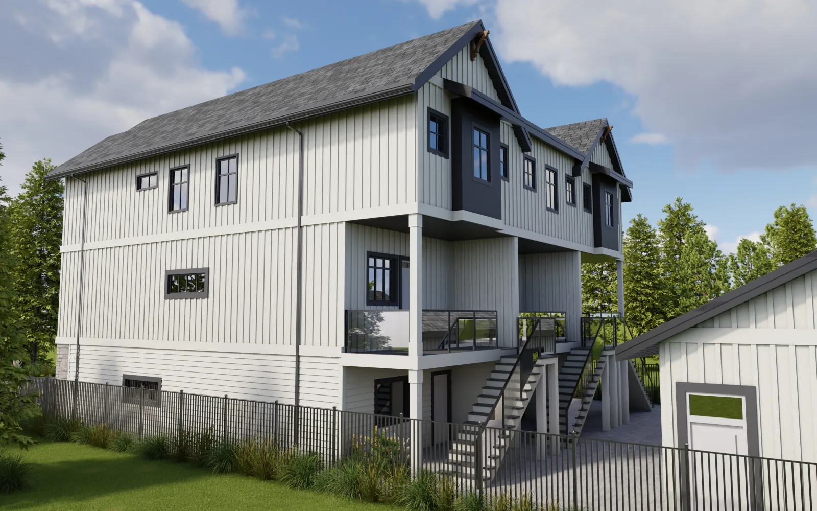 From the rear corner, each home keeps its own yard and its own quiet lower entrance, space for a suite, a studio, or simply room to breathe.