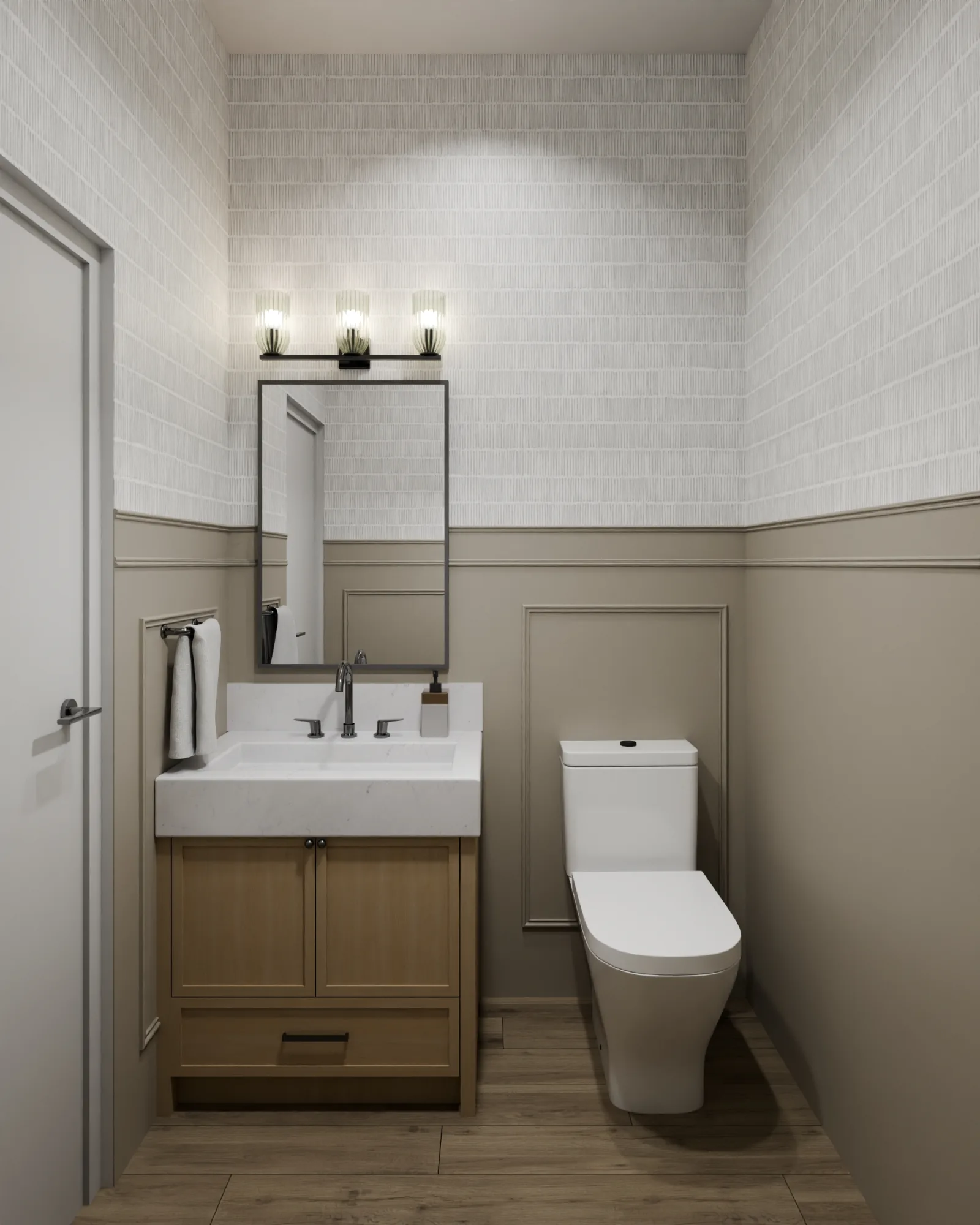 Even the powder room gets its moment, the kind of quiet detail that tells you this home was custom-built.