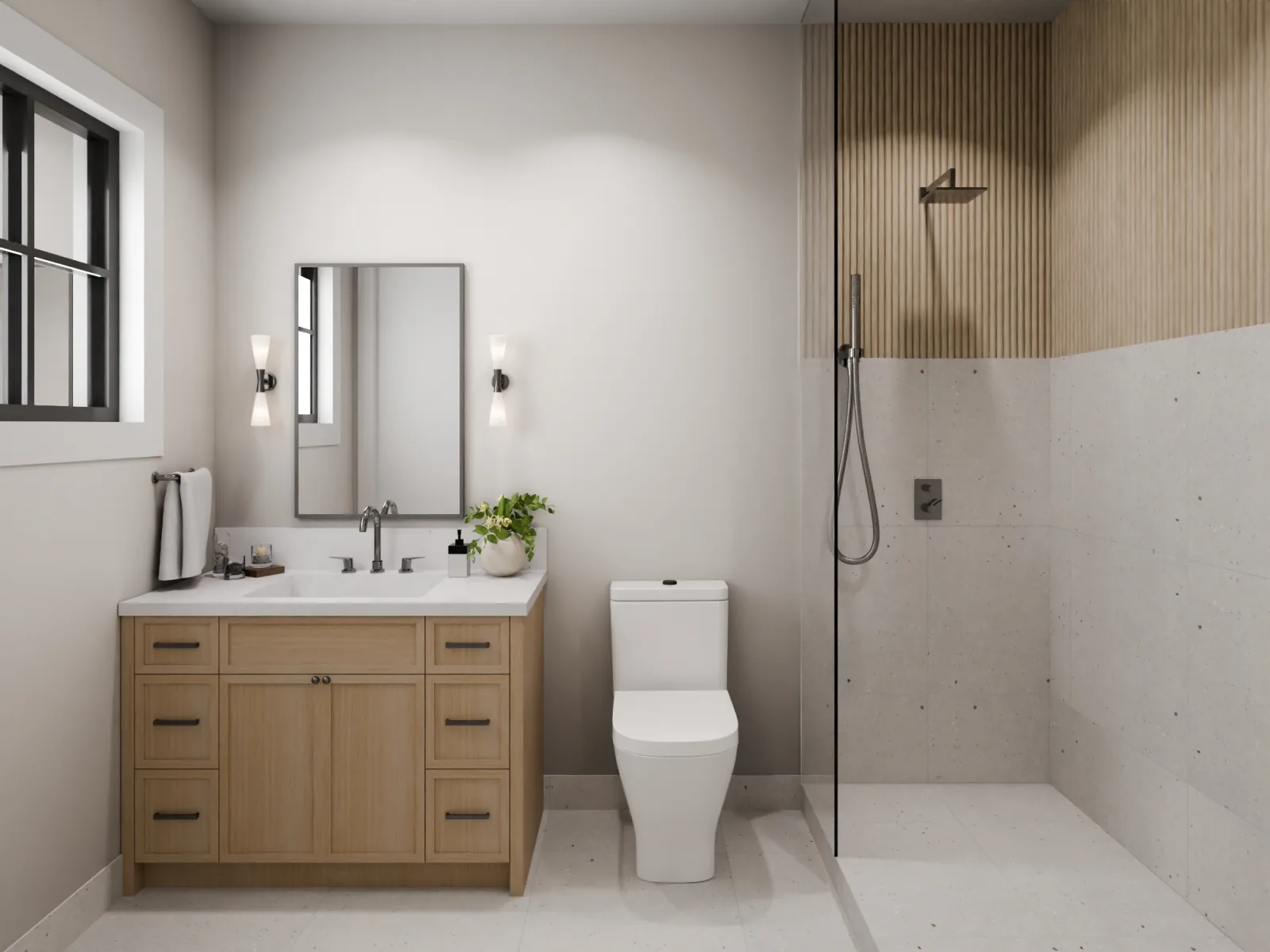 The ensuite leans spa, quartz, large-format tile, glass and a stillness Bova Interiors designed on purpose.