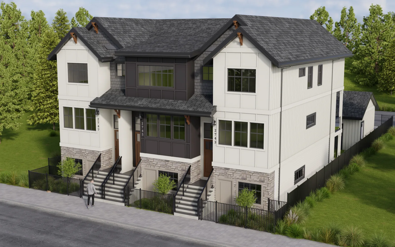 From the right, the street rhythm reveals itself: three front doors, three garages, three separate fee-simple homes, neighbours by design, independent by title.