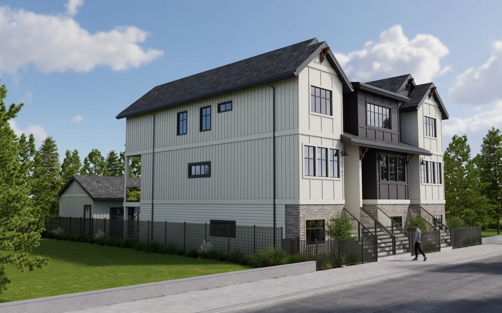 The left elevation lets the stacked stone do the talking, grounding each McCallum Road home with a little weight and a lot of character.
